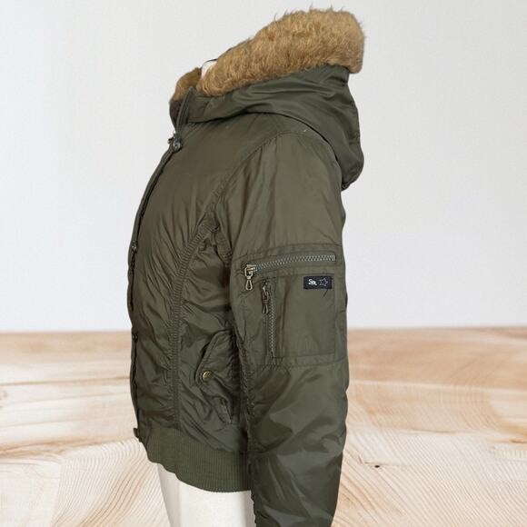 Steve Madden Down Bomber Jacket Sz S Womens Faux Fur Trimmed Hood Army Green FUN - Picture 4 of 10
